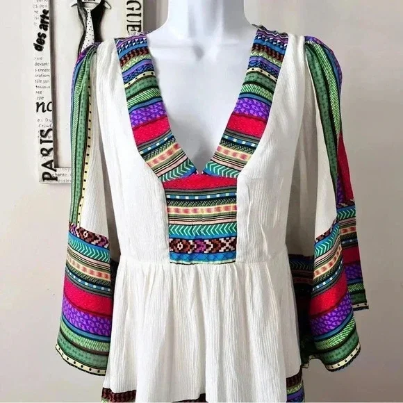 Esley Boho Festival Bell Sleeve Printed White Mini Dress Size L - Picture 3 of 13